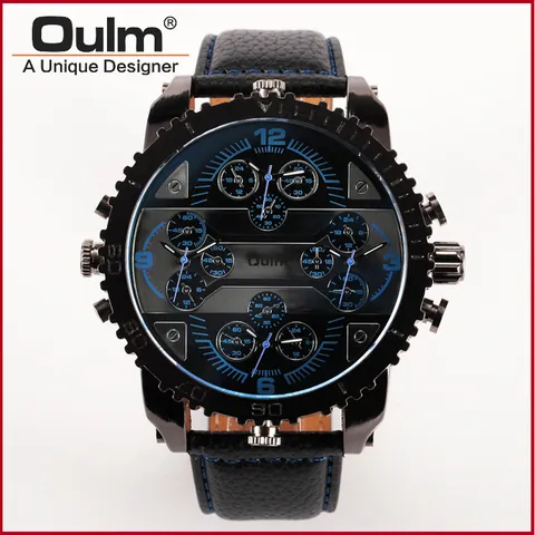 Oulm Men Quartz Watch HP3233 Casual Fashion Large Dial Wristwatch With Four Time Zones Leather Strap Alloy Case Unique Designer Watch