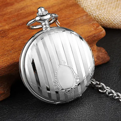 Vintage Silber Doppel Open Mechanische Taschenuhr Mit Kette Hohl Skelett Römische Ziffern Zifferblatt Gestreiftes Muster Gehäuse Unisex