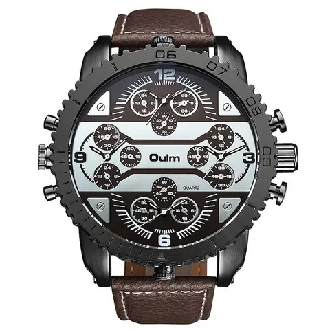 Oulm Men Quartz Watch HP3233 Casual Fashion Large Dial Wristwatch With Four Time Zones Leather Strap Alloy Case Unique Designer Watch