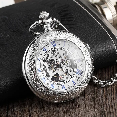 Montre à Gousset Mécanique Rétro Argent pour Homme Cadran Squelette Chiffres Romains Boîtier Gravé Couvercle à Clapet en Alliage Avec Chaîne