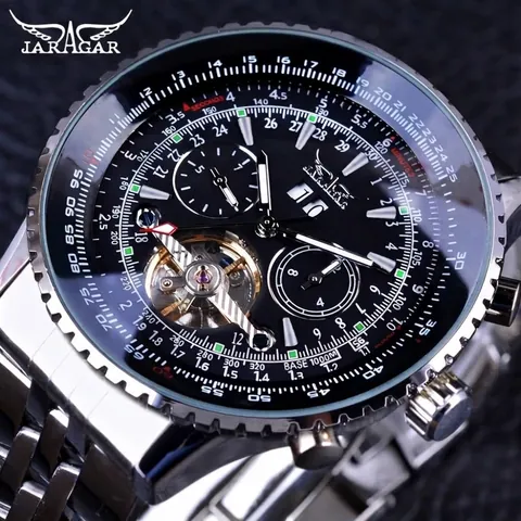 Jaragar Men's Automatic Mechanical Watch Tourbillon Hollow Dial Large Face Business Luxury Alloy Strap Wristwatch