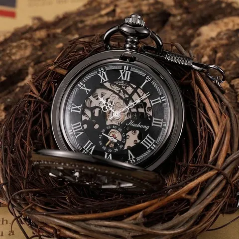 Montre à Gousset Mécanique Squelette Vintage en Alliage Cadran à Engrenages et Chiffres Romains Style Antique avec Chaîne Boîte Cadeau