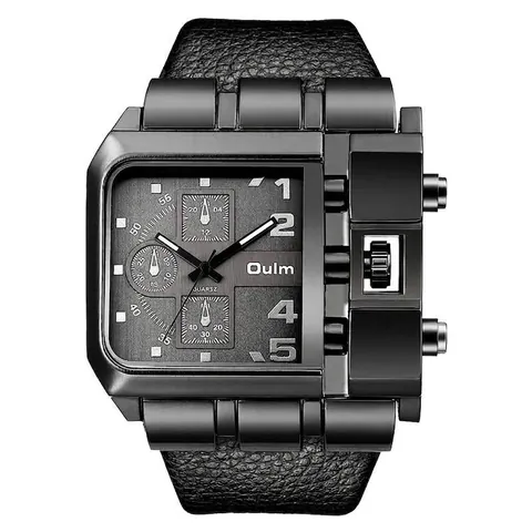 Reloj de Cuarzo Oulm para Hombre Esfera Cuadrada Grande Correa de Piel Sintética Estilo Industrial Militar Moda