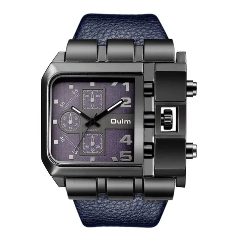 Reloj de Cuarzo Oulm para Hombre Esfera Cuadrada Grande Correa de Piel Sintética Estilo Industrial Militar Moda