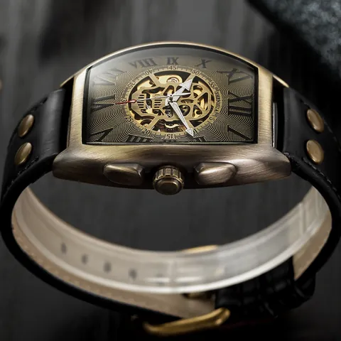 Men Retro Skeleton Mechanical Watch Bronze Tonneau Case Leather Rivet Strap Punk Style Wristwatch Fashion Jewelry For Men