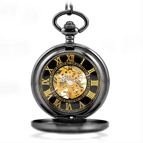 Montre à Gousset Mécanique Rétro pour Hommes Femmes Boîtier à Rabat Creux Chiffres Romains Montre Pendentif Squelette avec Loupe