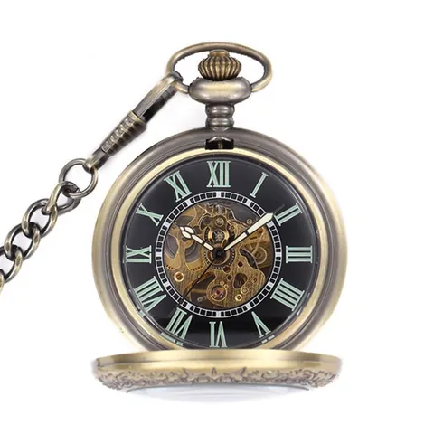 Montre à Gousset Mécanique Rétro pour Hommes Femmes Boîtier à Rabat Creux Chiffres Romains Montre Pendentif Squelette avec Loupe