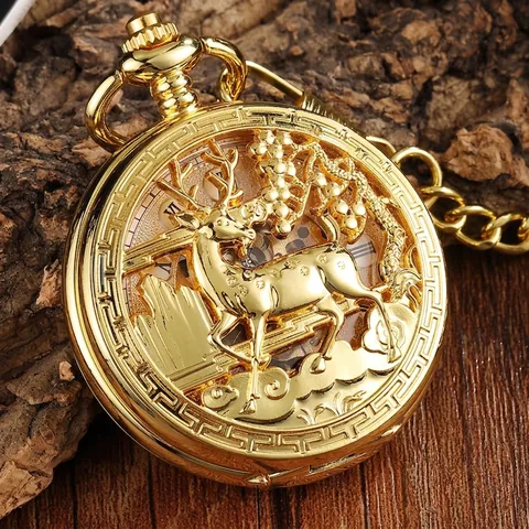 Vintage Skelet Mechanisch Zakhorloge Legering Hol Hert Patroon Steampunk Hunter Case Horloge Met Ketting Voor Dames Heren