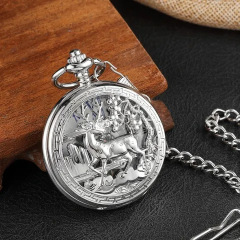 Vintage Skelet Mechanisch Zakhorloge Legering Hol Hert Patroon Steampunk Hunter Case Horloge Met Ketting Voor Dames Heren