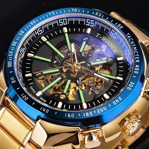 T-Winner Orologio Meccanico Automatico da Uomo di Lusso Cassa in Lega Scheletrata Cinturino in Acciaio Inossidabile Luminoso Impermeabile Orologio da Polso alla Moda