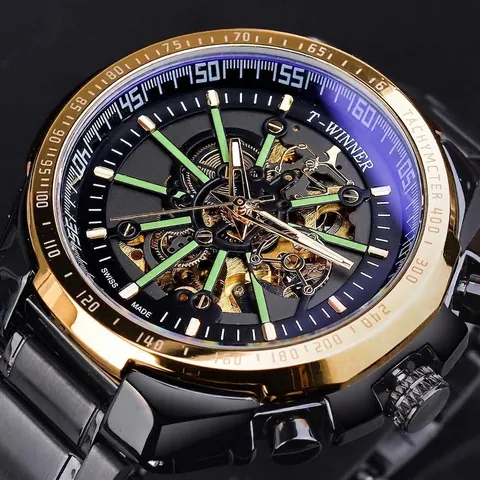 T-Winner Orologio Meccanico Automatico da Uomo di Lusso Cassa in Lega Scheletrata Cinturino in Acciaio Inossidabile Luminoso Impermeabile Orologio da Polso alla Moda
