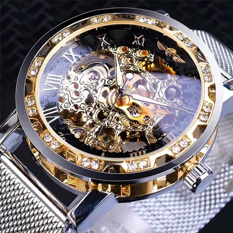 Winner Reloj Mecánico Manual para Hombre Moda Lujo Esfera de Esqueleto Bisel de Strass Correa de Malla de Aleación Números Romanos
