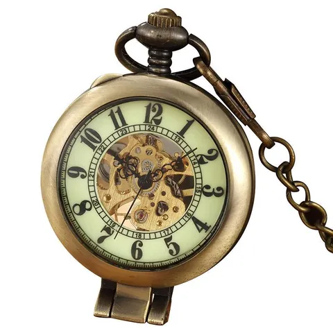Montre à Gousset Mécanique Squelette Rétro Double Couvercle Alliage Chiffres Romains Pendentif Vintage Steampunk Avec Chaîne