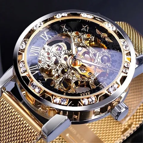 Winner Reloj Mecánico Manual para Hombre Moda Lujo Esfera de Esqueleto Bisel de Strass Correa de Malla de Aleación Números Romanos