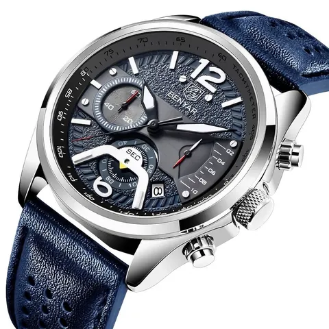 Benyar Herren Quarzuhr Sport Chronograph Echtes Lederarmband Wasserdicht Business Armbanduhr Für Herren Mode Uhr