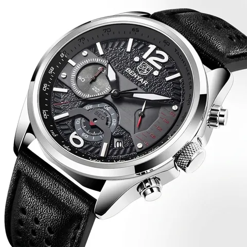 Benyar Herren Quarzuhr Sport Chronograph Echtes Lederarmband Wasserdicht Business Armbanduhr Für Herren Mode Uhr