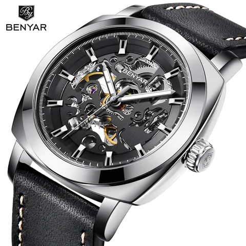 BENYAR Men Automatic Mechanical Watch Hollow Dial Fashion Business Waterproof Wristwatch With Leather Strap Luminous Design