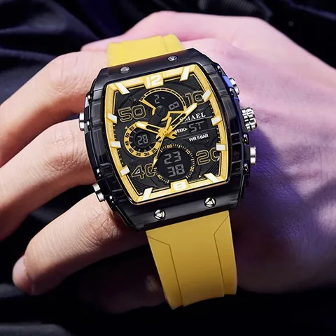 SMAEL Montre de Sport Homme Forme Tonneau Affichage Double Analogique Numérique Étanche Bracelet Silicone Rétroéclairage LED Montre Électronique