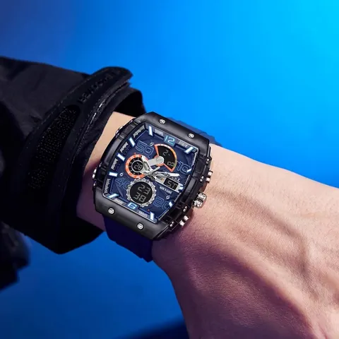 SMAEL Montre de Sport Homme Forme Tonneau Affichage Double Analogique Numérique Étanche Bracelet Silicone Rétroéclairage LED Montre Électronique