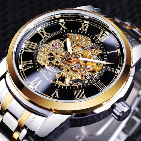 Orologio Uomo Moda Casual Scheletro Cavo Meccanico Manuale Impermeabile Numeri Romani Luminoso Acciaio Inossidabile Lega Orologio da Polso