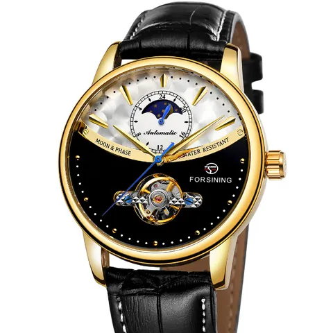 FORSINING Men Automatic Mechanical Watch Moon Phase Sun Moon Hollow Open Heart Flywheel Genuine Leather Strap Waterproof Watch