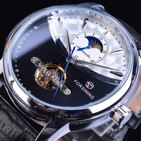 FORSINING Men Automatic Mechanical Watch Moon Phase Sun Moon Hollow Open Heart Flywheel Genuine Leather Strap Waterproof Watch