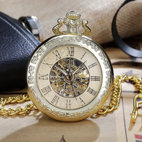 Vintage Mechanical Pocket Watch Roman Numerals Hollow Skeleton Gear Dial Alloy Case Retro Pendant Watch Gift Men Women