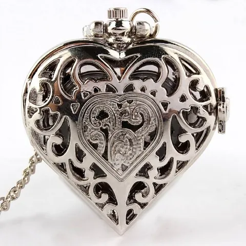 Vintage Hartvorm Uitgehold Zakhorloge Voor Vrouwen Legering Kwartsuurwerk Analoog Hanger Ketting Horloge Retro Snijwerk Decoratief Cadeau