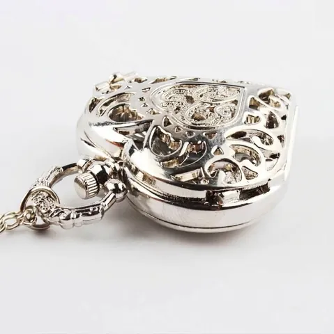 Vintage Hartvorm Uitgehold Zakhorloge Voor Vrouwen Legering Kwartsuurwerk Analoog Hanger Ketting Horloge Retro Snijwerk Decoratief Cadeau