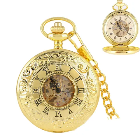 Montre de Gousset Mécanique Rétro Ajouré Sculpté Double Couvercle Ouvert Chiffres Romains Alliage Montre à Remontage Manuel