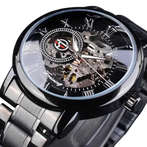 Forsining Men Automatic Mechanical Watch Skeleton Steampunk Fashion Business Stainless Steel Alloy Gold Black Wristwatch