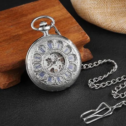 Montre à Gousset Mécanique Vintage pour Hommes Femmes Cadran Squelette Chiffres Romains Boîtier en Alliage Antique Cadeau