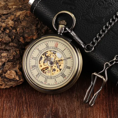 Montre de Gousset Mécanique Squelette Rétro en Alliage Chiffres Romains Face Ouverte Train à Vapeur Relief Montre Pendentif Unisexe