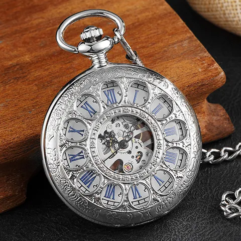 Montre à Gousset Mécanique Vintage pour Hommes Femmes Cadran Squelette Chiffres Romains Boîtier en Alliage Antique Cadeau