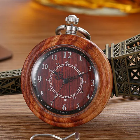 Ρετρό Ξύλινο Ρολόι Τσέπης Quartz Unisex Αντίκα Φυσικά Νερά Ξύλου Μεγάλο Καντράν Μπρούτζινη Αλυσίδα Δημιουργικό Ρολόι