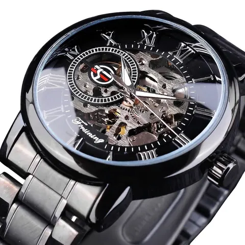Forsining Men Automatic Mechanical Watch Skeleton Steampunk Fashion Business Stainless Steel Alloy Gold Black Wristwatch