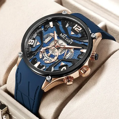 Reloj de Cuarzo Deportivo para Hombre MEGIR Cronógrafo Multifuncional Calendario Luminoso Correa de Silicona Impermeable Reloj de Negocios