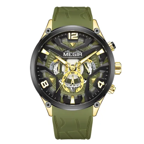 Reloj de Cuarzo Deportivo para Hombre MEGIR Cronógrafo Multifuncional Calendario Luminoso Correa de Silicona Impermeable Reloj de Negocios