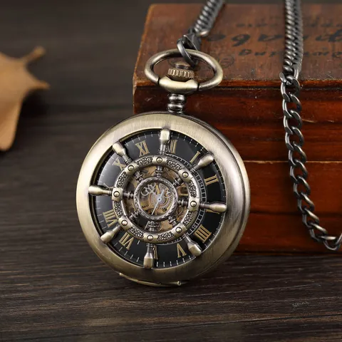 Montre à Gousset Mécanique Vintage Squelette Grand Cadran Rond Chiffres Romains Bronze Argent Steampunk Collier Montre Unisexe Cadeau