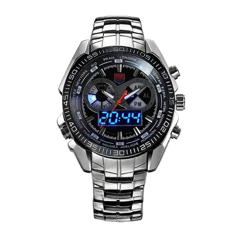 Men Sport Watch Dual Display Analog Digital LED Backlight Waterproof Stainless Steel Quartz Wristwatch With Alarm World Time Luminous Function