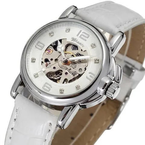 Winner Women Fashion Casual Small Skeleton Automatic Mechanical Watch White Leather Strap Silver Case Rhinestone Dial