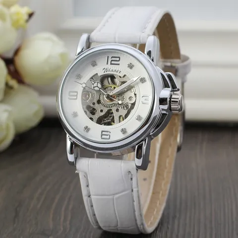 Winner Women Fashion Casual Small Skeleton Automatic Mechanical Watch White Leather Strap Silver Case Rhinestone Dial