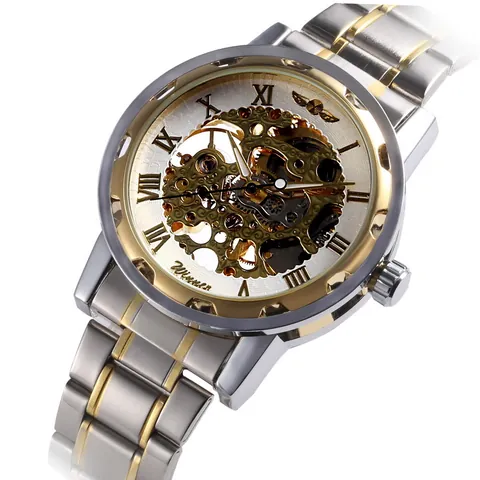 Skelett Mechanische Uhr Herren Skelett Zifferblatt Römische Ziffern Luxus Business Mode Armbanduhr Legierung Stahlband