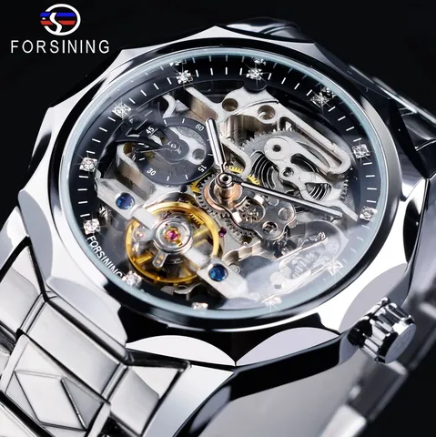 Forsining Men Automatic Mechanical Watch Hollow Skeleton Dial Rhinestone Accents Alloy Wristwatch Fashion Business Waterproof