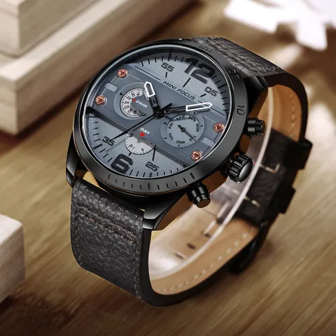 MINI FOCUS Men Sport Quartz Watch Multifunction Japan Movement Genuine Leather Strap Waterproof 24H Day Date Wrist Watch