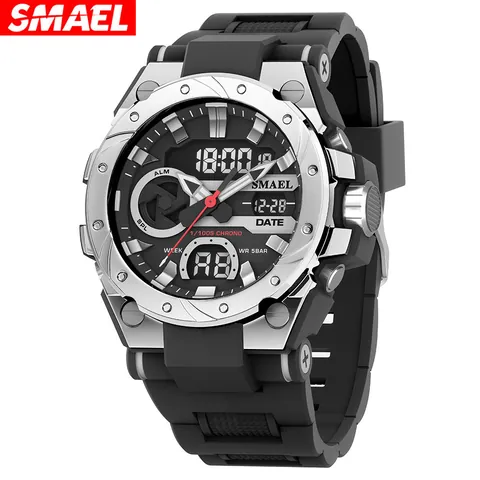 SMAEL 2024 Nuevo Reloj Deportivo para Hombre Pantalla Doble Digital Analógico Caja de Aleación Correa PU Impermeable 50M