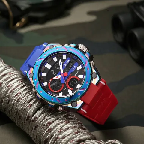 SMAEL 2024 Nuevo Reloj Deportivo para Hombre Pantalla Doble Digital Analógico Caja de Aleación Correa PU Impermeable 50M