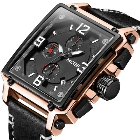 MEGIR Men's Retro Square Quartz Watch Genuine Leather Strap Chronograph Calendar Luminous Waterproof Wristwatch Fashion Sport