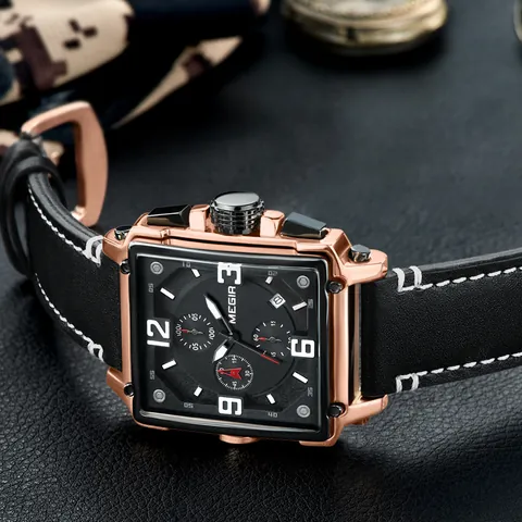 MEGIR Men's Retro Square Quartz Watch Genuine Leather Strap Chronograph Calendar Luminous Waterproof Wristwatch Fashion Sport
