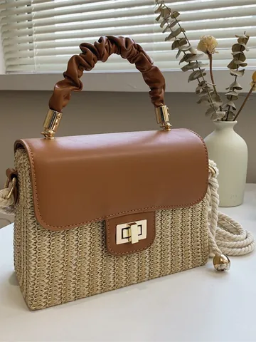 Women Straw Box Handbag Pleated Handle Crossbody Bag Summer Beach Woven Purse With Gold Twist Lock Artificial Leather Flap